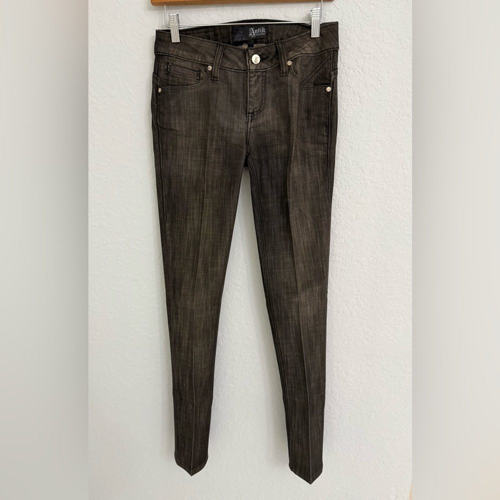 New ANTIK Women Denim 5 Pocket Skinny Leg Pants Embroidered Black Jeans Sz 25.